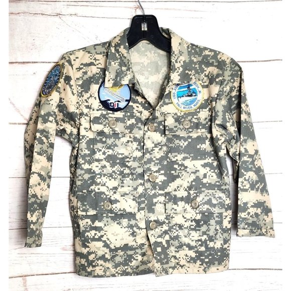 ROTHCU B.D.U Shirts: Kids Army Camp Cotton/Polyester Button Up Jacket Patches